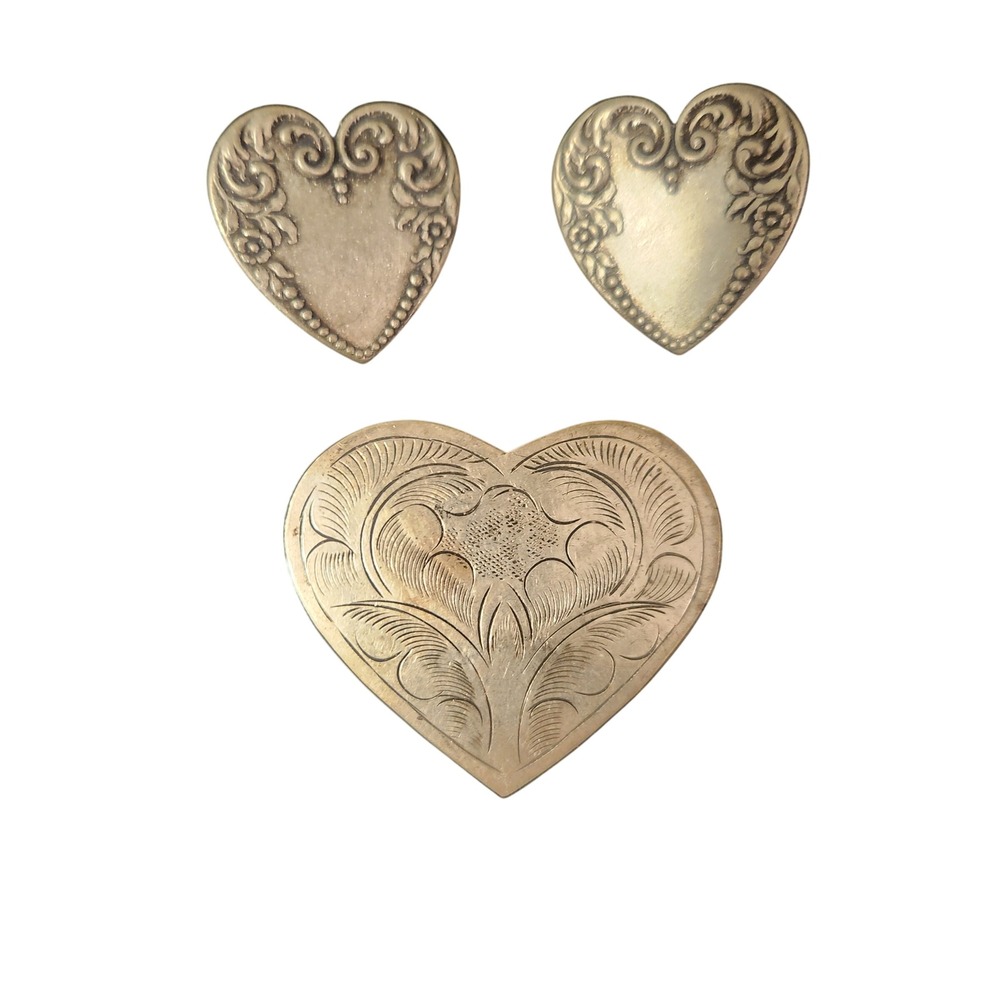 Vintage Heart Shaped Brooch and Earrings Set Ornate Filigree Silver Tone